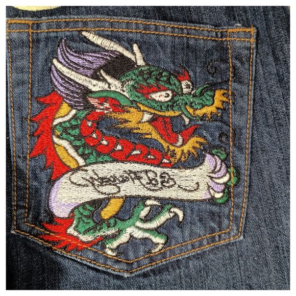 Ed Hardy Jeans 34 Mens Blue Dragon Straight Relaxed Cotton Dark Embroidered 90S - Picture 4 of 7